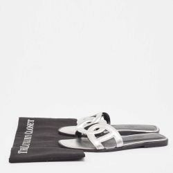 Hermes Silver Leather Omaha Flat Slides Size 37