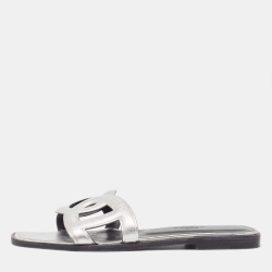 Hermes Silver Leather Omaha Flat Slides Size 37