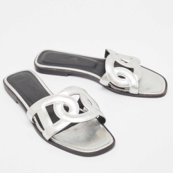 Hermes Silver Leather Omaha Flat Slides Size 37
