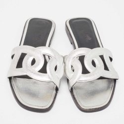 Hermes Silver Leather Omaha Flat Slides Size 37