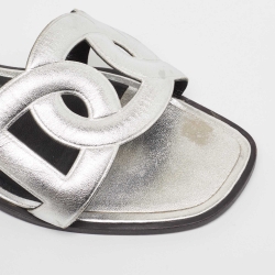 Hermes Silver Leather Omaha Flat Slides Size 37