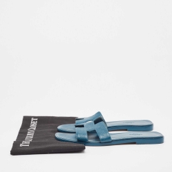 Pre Owned Hermes Teal Leather Oran Flat Slides Size 37