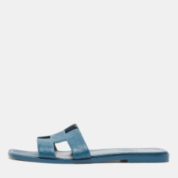 Pre Owned Hermes Teal Leather Oran Flat Slides Size 37