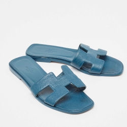 Pre Owned Hermes Teal Leather Oran Flat Slides Size 37
