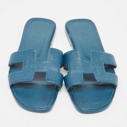 Pre Owned Hermes Teal Leather Oran Flat Slides Size 37