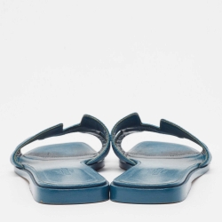 Pre Owned Hermes Teal Leather Oran Flat Slides Size 37