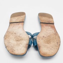 Pre Owned Hermes Teal Leather Oran Flat Slides Size 37