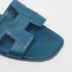 Pre Owned Hermes Teal Leather Oran Flat Slides Size 37