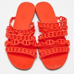 Hermès Orange Rubber Chaine D'ancre Flat Slides Size 36