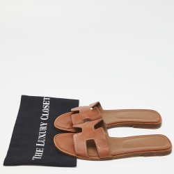 Hermes Brown Leather Oran Slide Flats Size 41