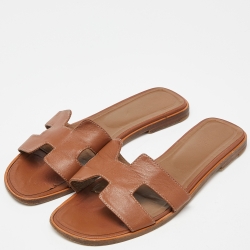 Hermes Brown Leather Oran Slide Flats Size 41