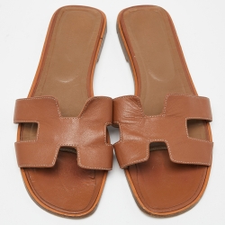 Hermes Brown Leather Oran Slide Flats Size 41