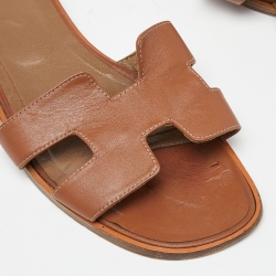 Hermes Brown Leather Oran Slide Flats Size 41