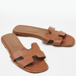 Hermes Brown Leather Oran Slide Flats Size 41