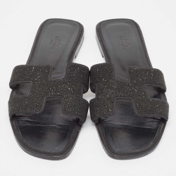 مملوكة مسبقًا Hermes Black Glitter  Oran Flat Slides Size 39