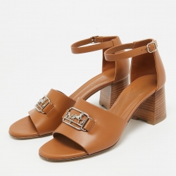 Pre Owned Hermes Tan Leather Viaggio Ankle-Strap Sandals Size 37 