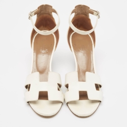 Hermes White Leather Legend Wedge Ankle Strap Sandals Size 37.5