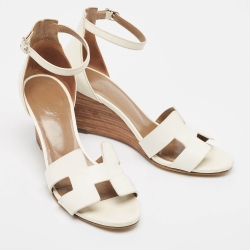 Hermes White Leather Legend Wedge Ankle Strap Sandals Size 37.5