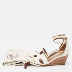 Hermes White Leather Legend Wedge Ankle Strap Sandals Size 37.5