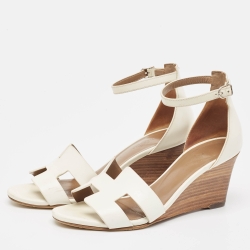 Hermes White Leather Legend Wedge Ankle Strap Sandals Size 37.5