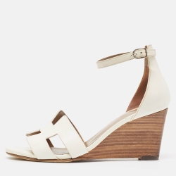 Hermes White Leather Legend Wedge Ankle Strap Sandals Size 37.5