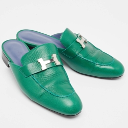 Pre Owned Hermes Green Leather Trocadero Mules Size 38 