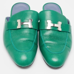 Pre Owned Hermes Green Leather Trocadero Mules Size 38 