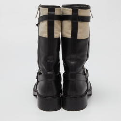 Hermes Black/White Leather and Suede Vancouver Mid Calf Buckle Detail Boots Size 40