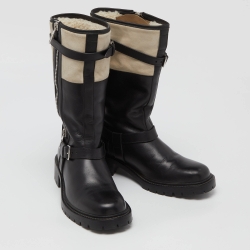 Hermes Black/White Leather and Suede Vancouver Mid Calf Buckle Detail Boots Size 40