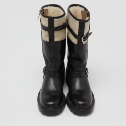 Hermes Black/White Leather and Suede Vancouver Mid Calf Buckle Detail Boots Size 40