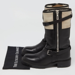 Hermes Black/White Leather and Suede Vancouver Mid Calf Buckle Detail Boots Size 40
