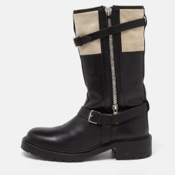 Hermes Black/White Leather and Suede Vancouver Mid Calf Buckle Detail Boots Size 40