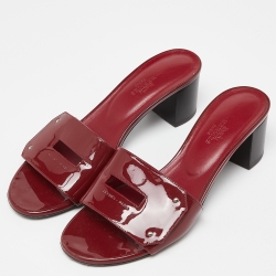 Hermes Burgundy Patent Leather Very Slide Sandals Size 37