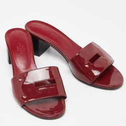 Hermes Burgundy Patent Leather Very Slide Sandals Size 37