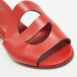 Hermes Red Leather Mona Block Heel Slide Sandals Size 36.5