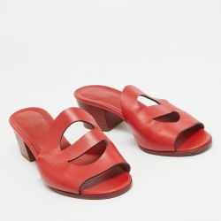 Hermes Red Leather Mona Block Heel Slide Sandals Size 36.5