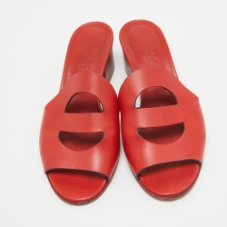 Hermes Red Leather Mona Block Heel Slide Sandals Size 36.5