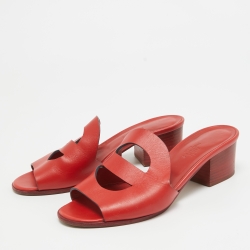 Hermes Red Leather Mona Block Heel Slide Sandals Size 36.5