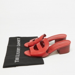 Hermes Red Leather Mona Block Heel Slide Sandals Size 36.5