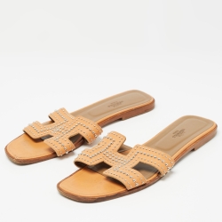 Hermes Orange Leather Oran Flat Slides Size 41 
