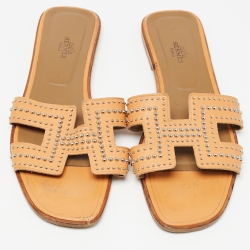 Hermes Orange Leather Oran Flat Slides Size 41 