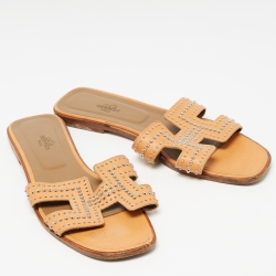 Hermes Orange Leather Oran Flat Slides Size 41 