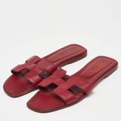 Pre Owned Hermes Red Leather Oran Flat Sandals Size 39
