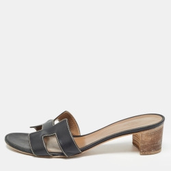Hermes Black Leather Oasis Slide Sandals Size 41