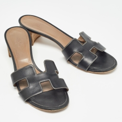 Hermes Black Leather Oasis Slide Sandals Size 41
