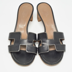 Hermes Black Leather Oasis Slide Sandals Size 41