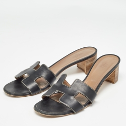 Hermes Black Leather Oasis Slide Sandals Size 41