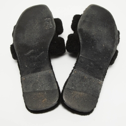 Pre Owned Hermes Black Shearling  Oran Flat Slides Size 37  