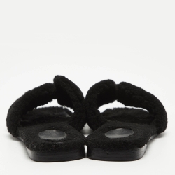 Pre Owned Hermes Black Shearling  Oran Flat Slides Size 37  