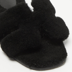 Pre Owned Hermes Black Shearling  Oran Flat Slides Size 37  